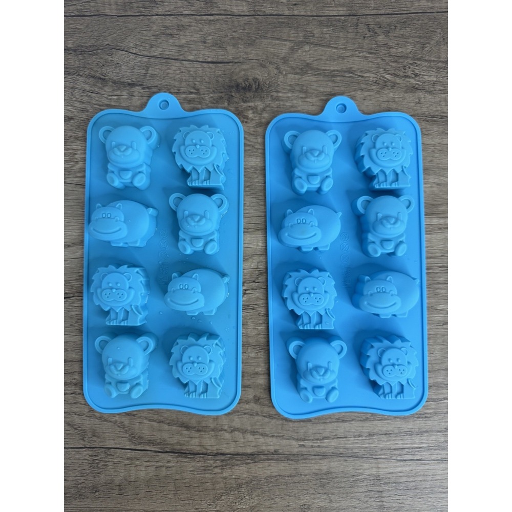 2 Pack Blue Silicone Animal Molds Lion Bear Hippo Candy Chocolate Ice Tray Set